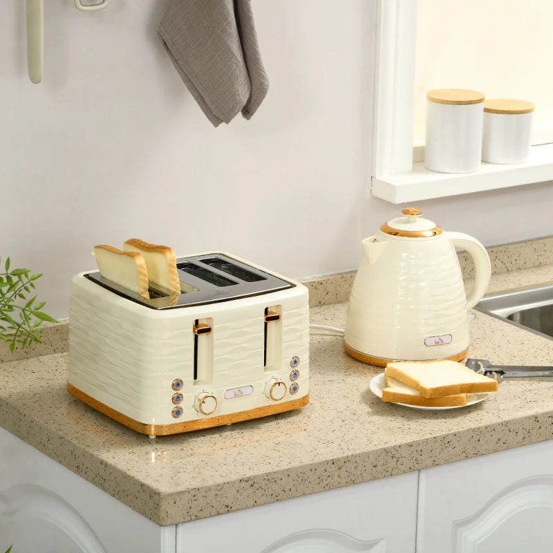 3000W Beige Kettle & 4 Slice Toaster Set - 1.7L Rapid Boil, 7 Browning Controls, Easy Clean Crumb Tray