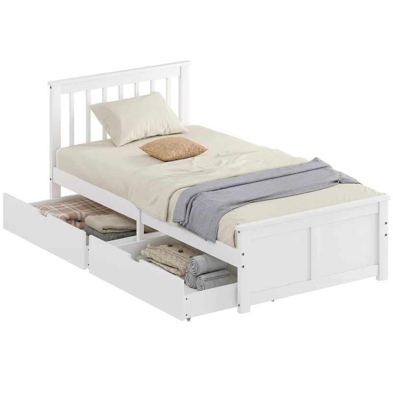 Stylish White Wooden Single Bed Frame with Storage Drawers - Perfect for Kids and Guest Rooms