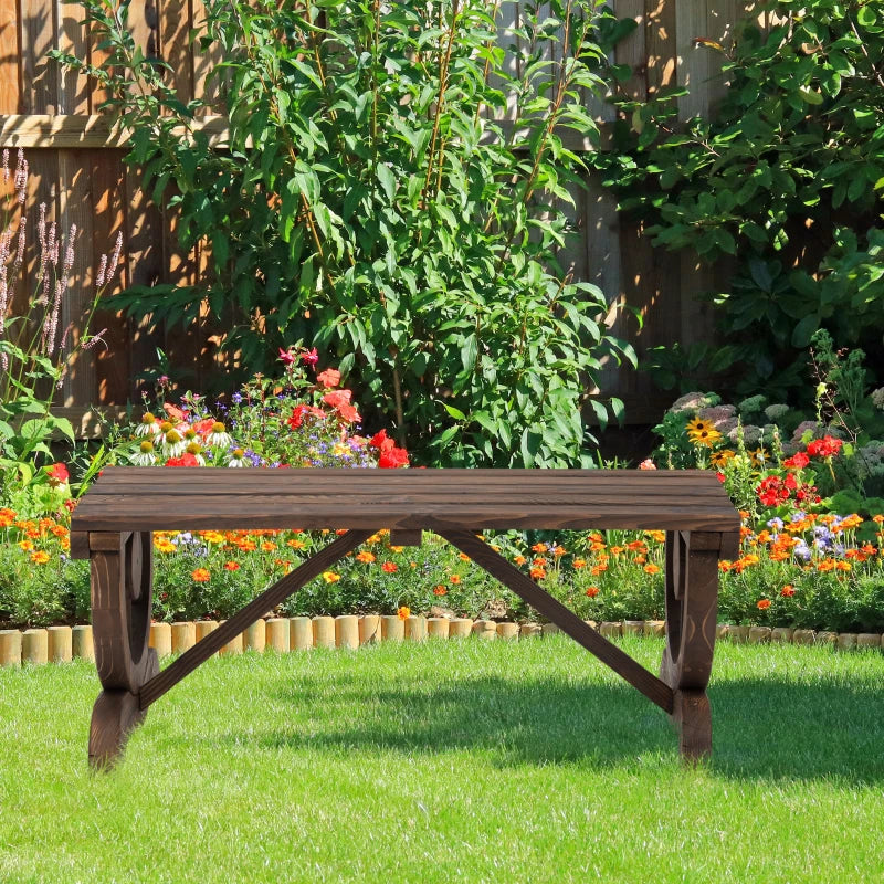 Rustic Brown Wooden Garden Bench with Wheel-Shaped Legs