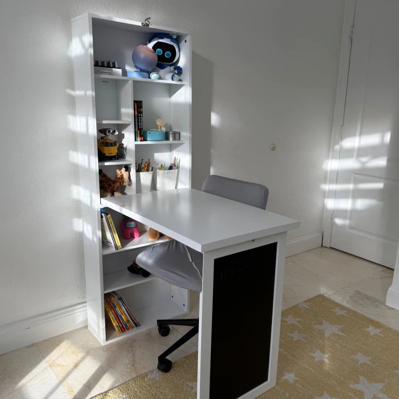 Wall Mounted Folding Computer Desk with Black Board and Bookshelf Multifunctional Floating Writing Table for Home Office White