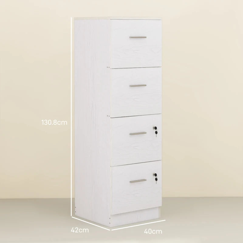 Stylish White Wood Effect Four-Drawer Lockable Filing Cabinet for Secure Document Storage - Ideal for Home or Office