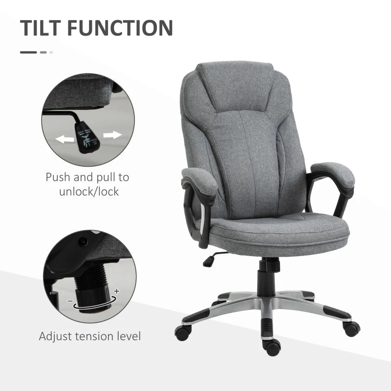 Vinsetto Grey Linen Fabric Office Chair - Height Adjustable Desk Chair with Padded Armrests, Swivel Wheels & Tilt Function
