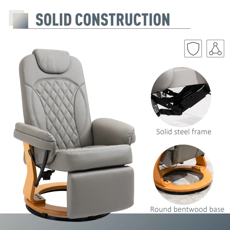 Comfortable PU Recliner Chair with Footrest and Headrest, Stylish Round Wooden Base for Living Room, Bedroom, or Office, Grey