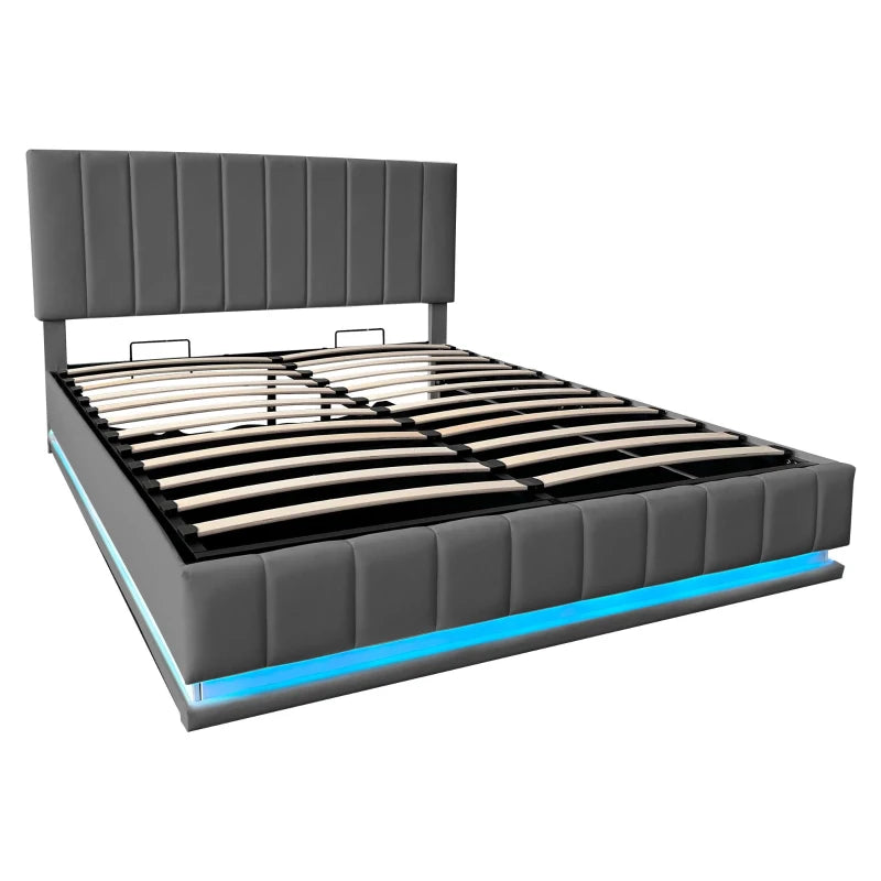 Ottoman Double Bed with Hydraulic Storage & LED Lighting - PU Leather Frame, Adjustable Headboard, Grey, 193x142x101-111 cm