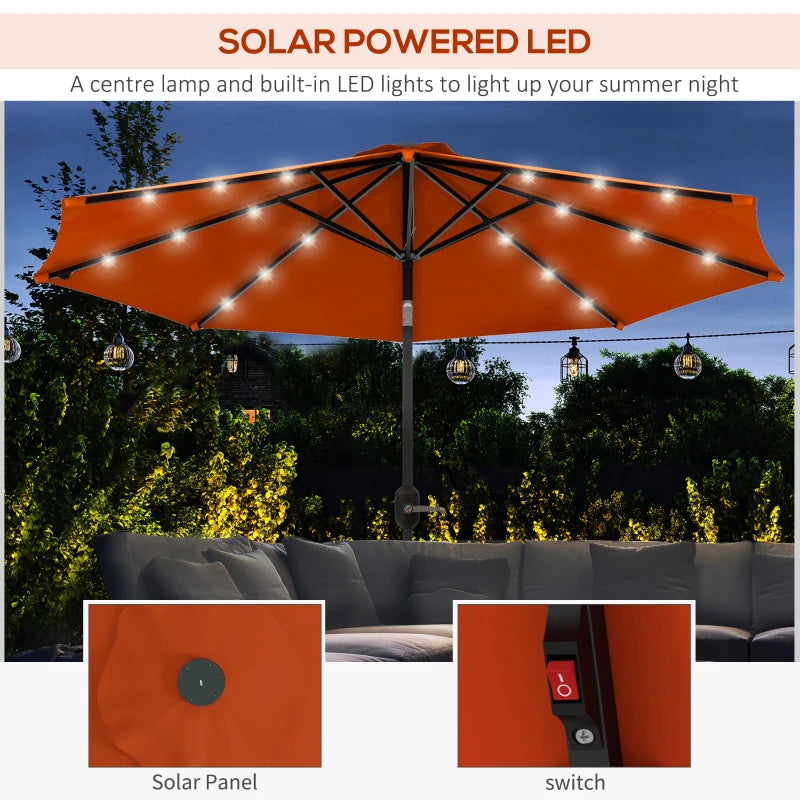 Orange 2.7m Patio Umbrella with Tilt Crank and LED Lights