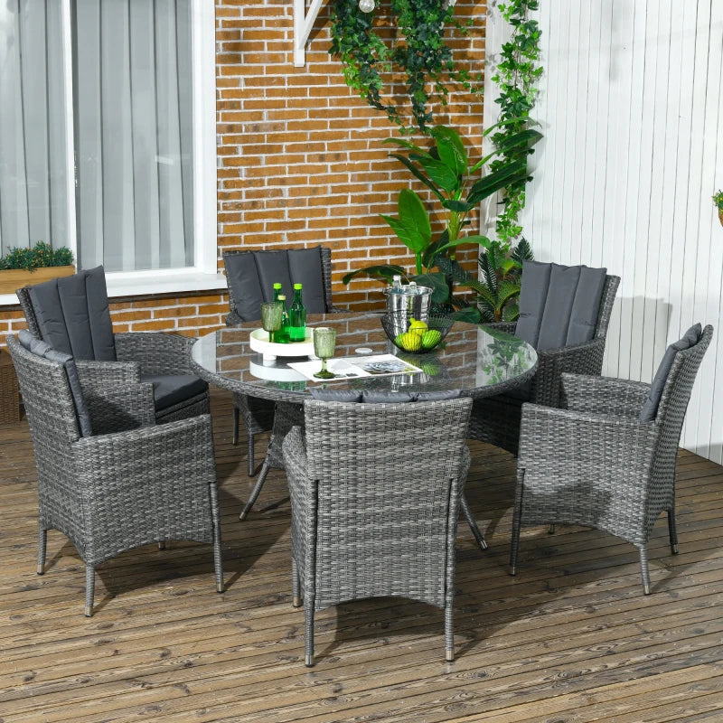 7-Piece Rattan Dining Set with Round Glass Table - Brown