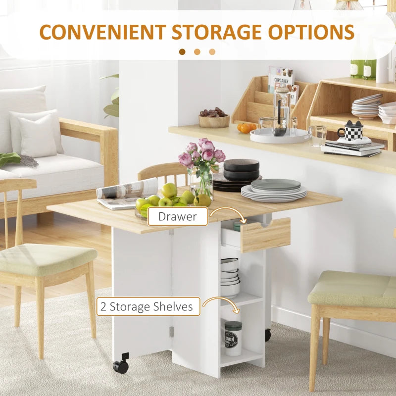 Folding Dining Table with Drop Leaf - Space-Saving Oak Table with Drawer & Storage Shelves for Kitchen & Dining Room