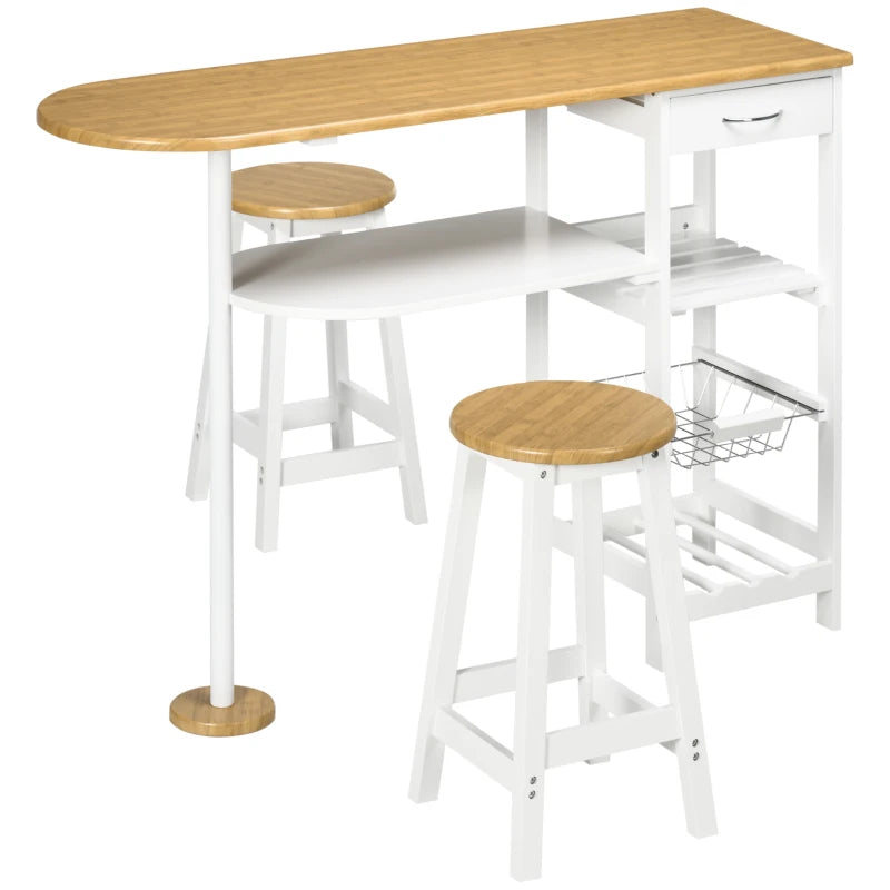 3 Piece Bar Table Set with Stools, Storage Shelf, Drawer, Wire Basket & Wine Rack - Natural & White Finish for Kitchen & Home Bar