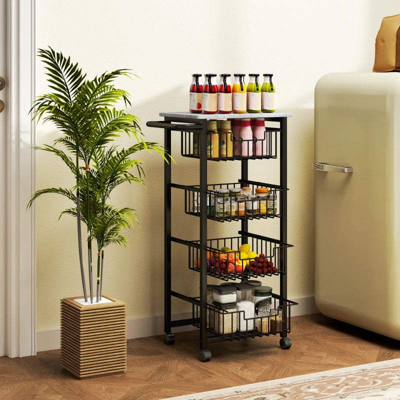 Stylish Grey/Black Four Basket Mobile Kitchen Island with Brakes - Perfect for Storage and Space-Saving Solutions