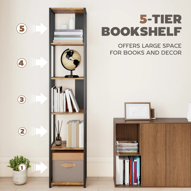 Rustic Brown 5-Tier Bookshelf with Steel Frame - Industrial Style Storage Shelf for Home or Office