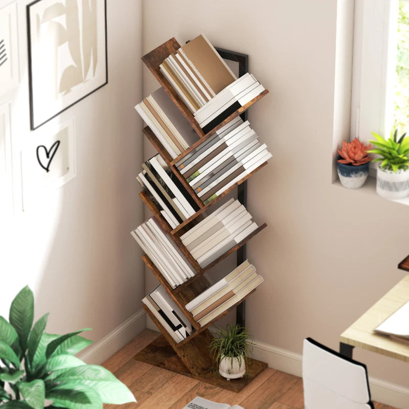 Unique Eight-Section Wood-Effect Tree Bookcase - Stylish Storage Solution for Home & Office, Modern Design, Durable Construction