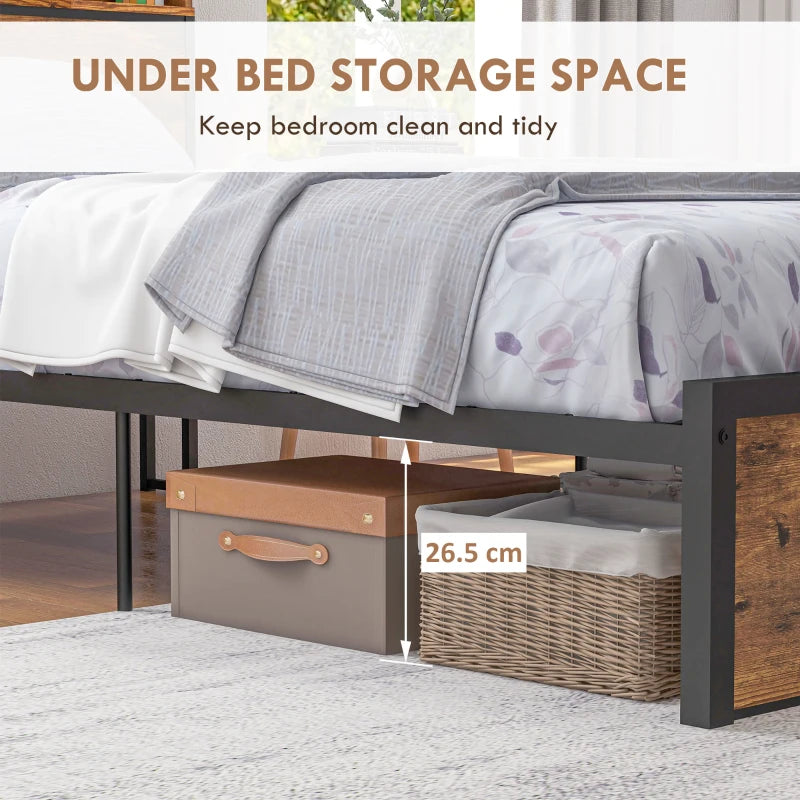 Industrial Single Bed Frame 3.1FT Steel Base with Storage Headboard & Footboard, Slatted Support, Rustic Brown 95x209cm