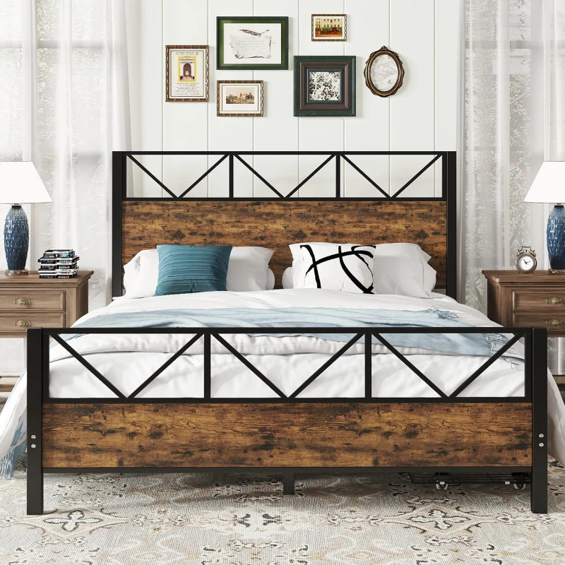 Sturdy Metal Double Bed with 2 Storage Drawers - Iron Frame & MDF, Black, 198L x 137W x 116H cm for Adults & Teens