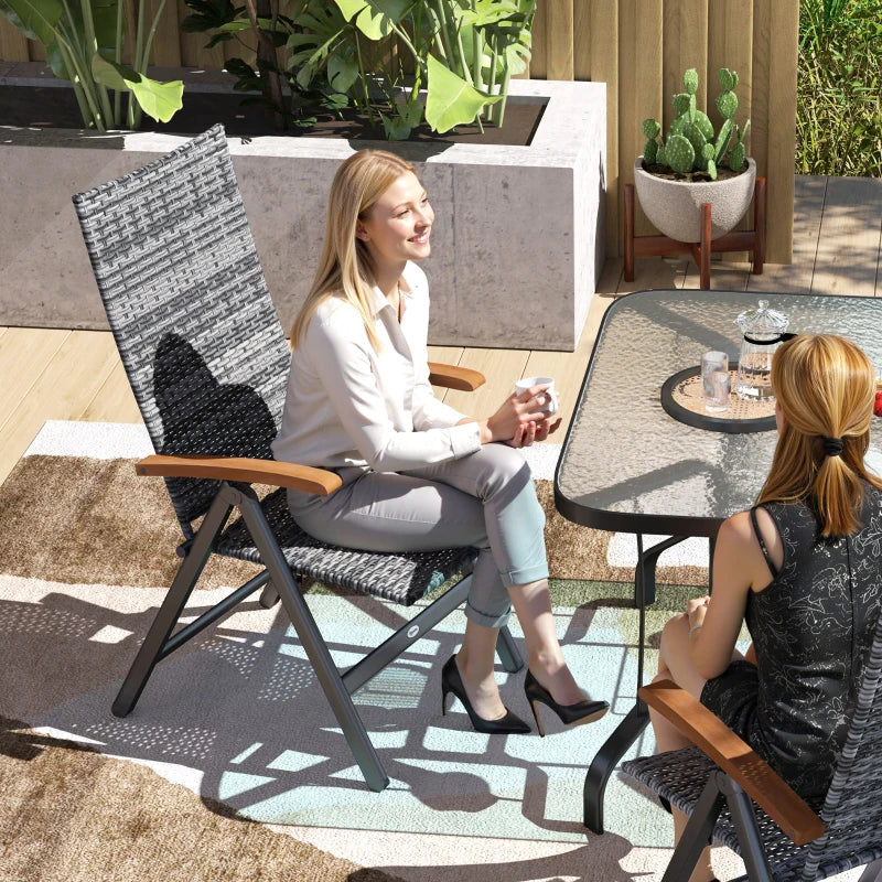 Folding Rattan Garden Dining Chair - 5-Level Reclining High Back, Wood Armrests, Outdoor Patio Furniture - Light Grey