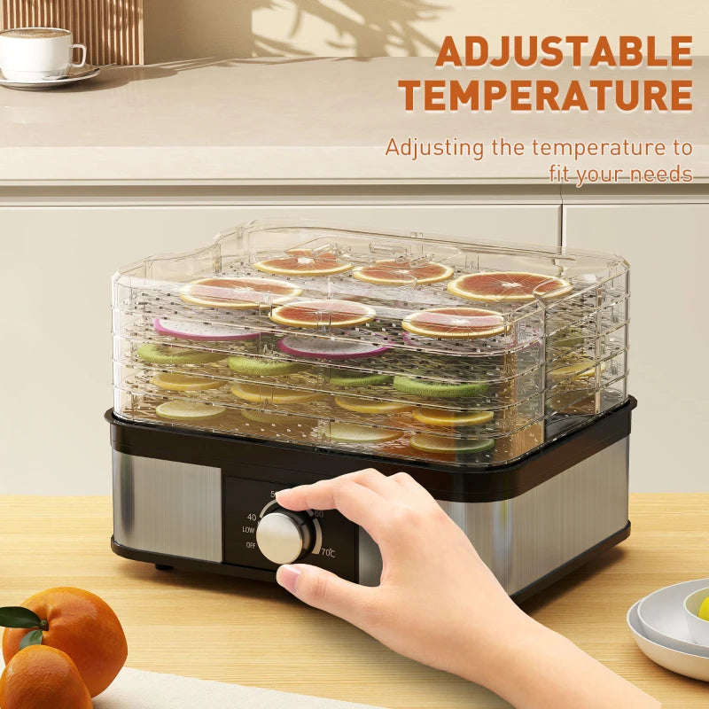 5-Tier Stainless Steel Food Dehydrator - 245W Adjustable Temperature Dryer for Fruits, Vegetables, Jerky & Pet Treats - Black
