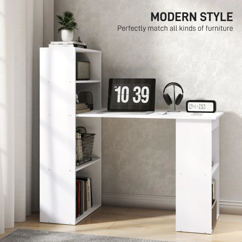 120cm White Wooden Computer Desk with 6-Tier Bookshelves - Stylish Home Office Laptop Table & Writing Workstation