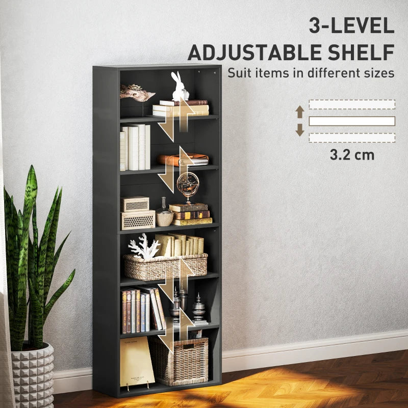 Stylish Black Six Shelf Bookcase - Modern Storage Solution for Home or Office, Perfect for Books and Decor
