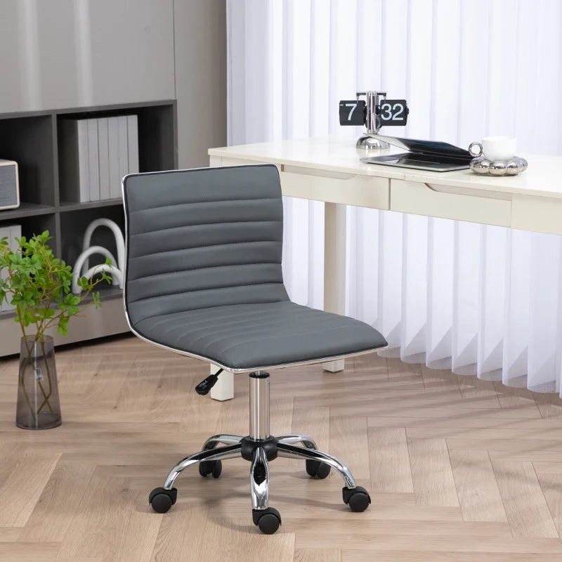 Armless Swivel Task Desk Chair - Adjustable Faux Leather Office Chair with Chrome Base & Wheels - Dark Grey