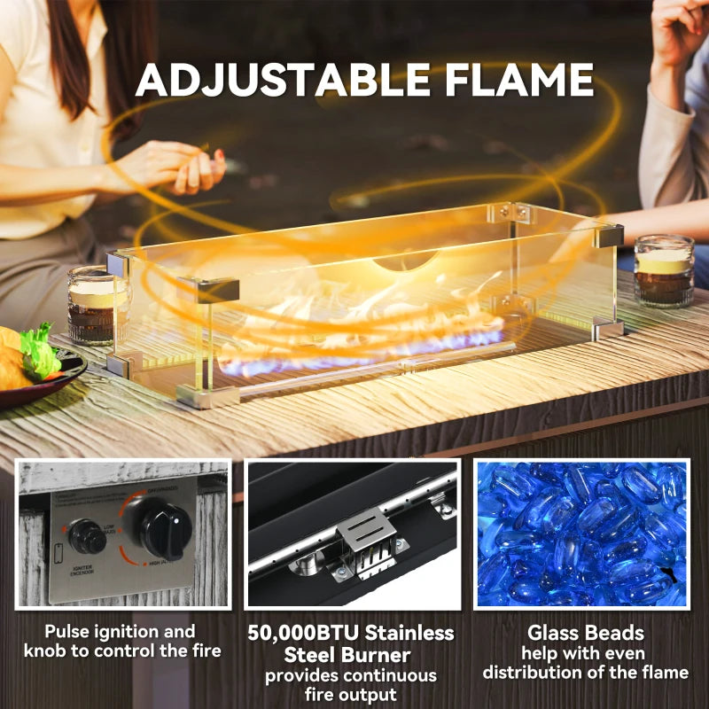 50,000 BTU Dark Grey Gas Fire Pit Table with Cover & Glass Screen - Outdoor Heating Solution
