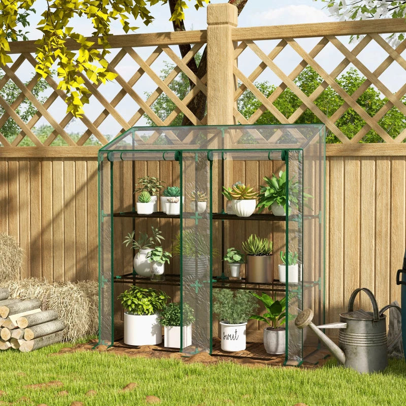 Compact Green Lean-To Greenhouse with 3 Shelves