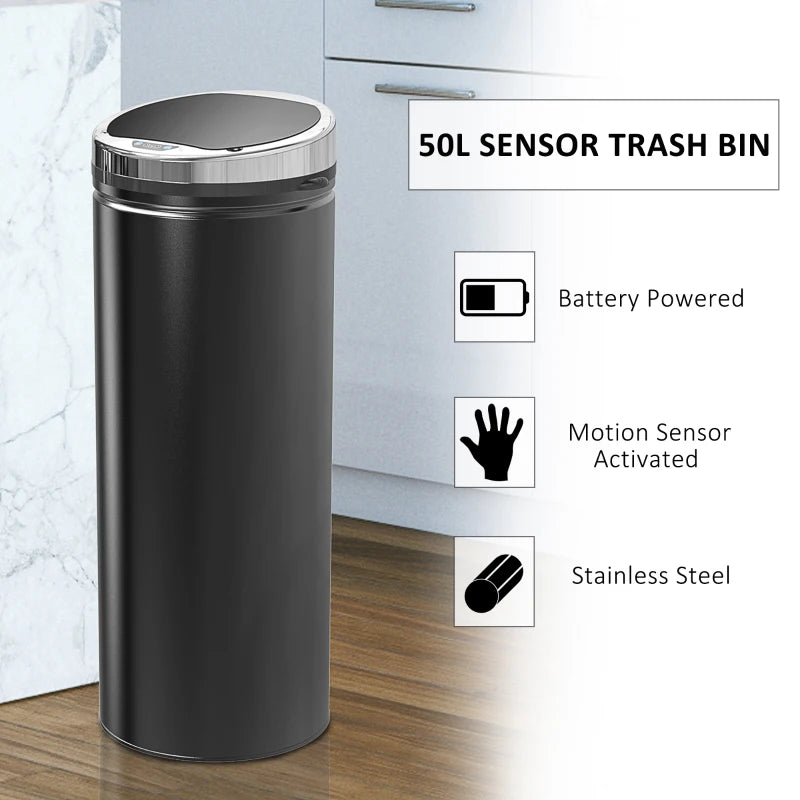 50L Touchless Sensor Bin with Soft-Close Lid - Stainless Steel, Fingerprint Resistant, Hygienic Rubbish Bin for Kitchen & Office, Black