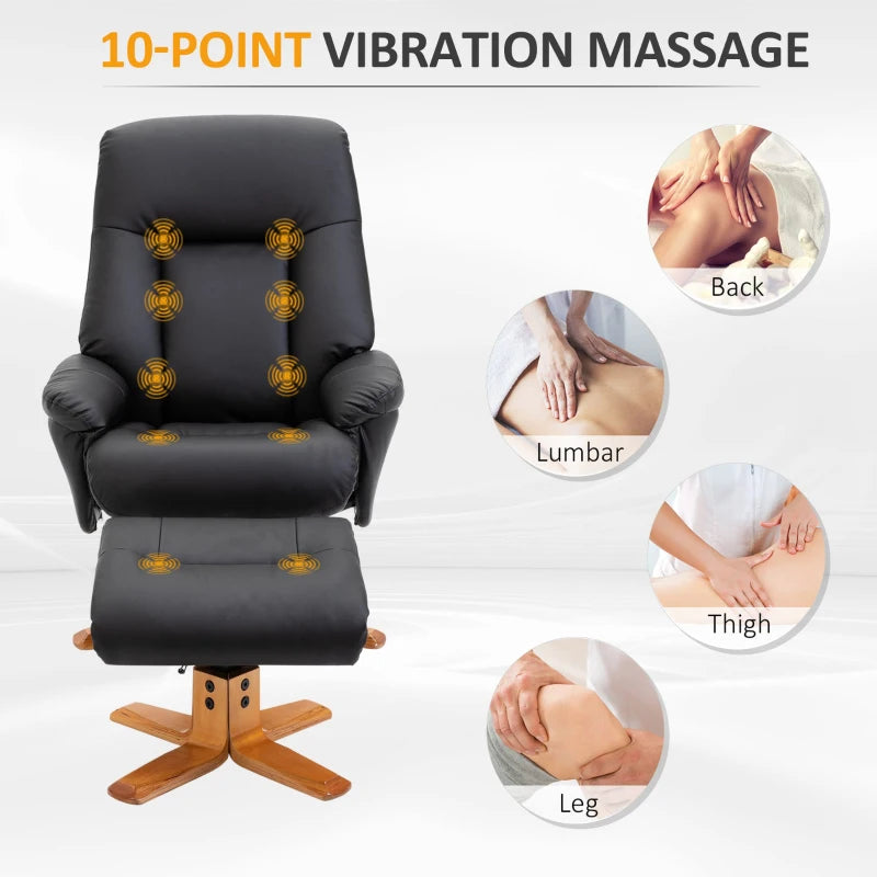 10-Point Massage Recliner Armchair with Footrest in Black PU Leather - Heated Comfort Chair