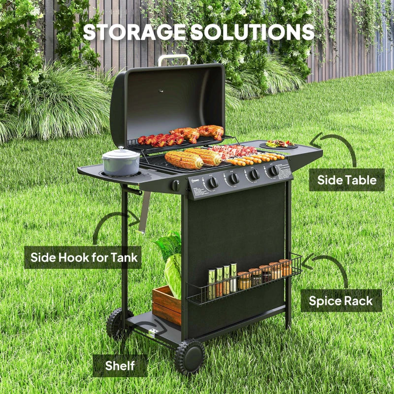 4+1 Burner Portable Gas BBQ Grill with Thermometer, Side Table, Wheels for Outdoor Cooking