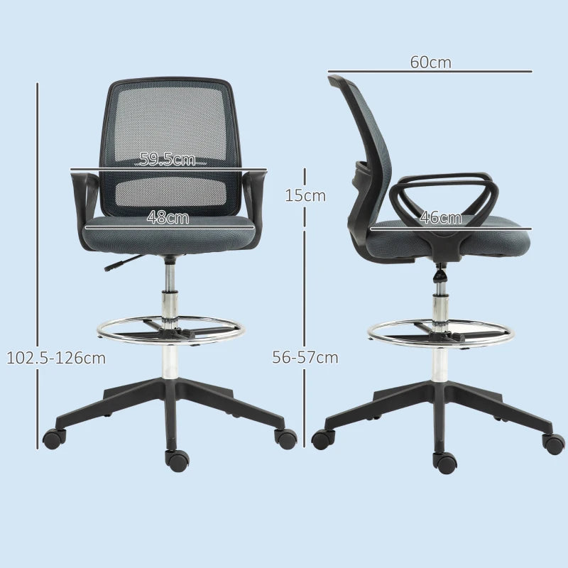 Vinsetto Draughtsman Office Chair with Footrest - Adjustable Height 102.5-126cm, Ergonomic Grey Design for Comfort and Support