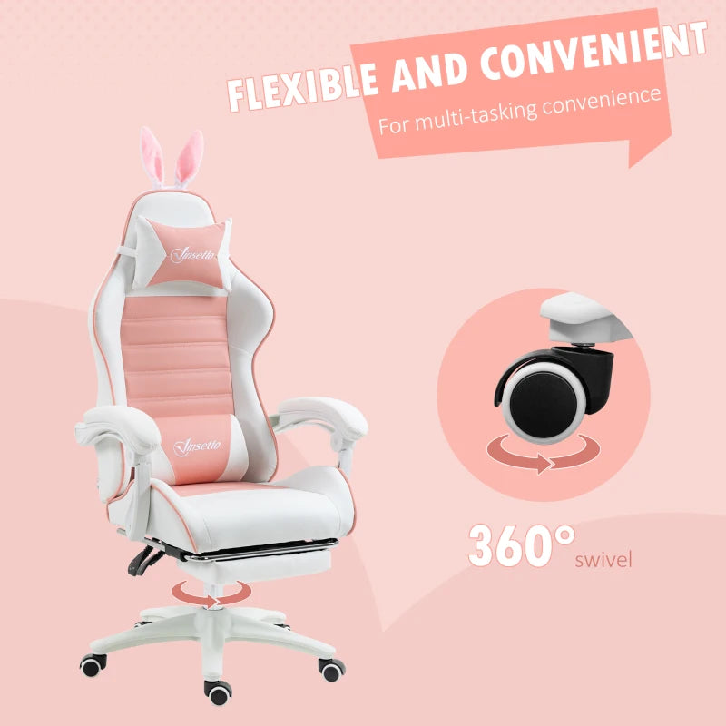Vinsetto Pink Racing Gaming Chair - Reclining PU Leather, Removable Rabbit Ears, Footrest, Headrest & Lumbar Support