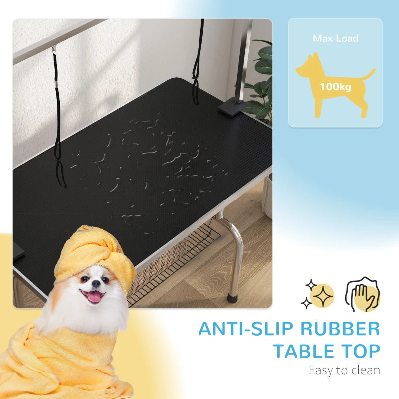 42" Adjustable Dog Grooming Table with Rubber Top, 2 Loops & Storage Basket - Perfect for Cats & Dogs, Black
