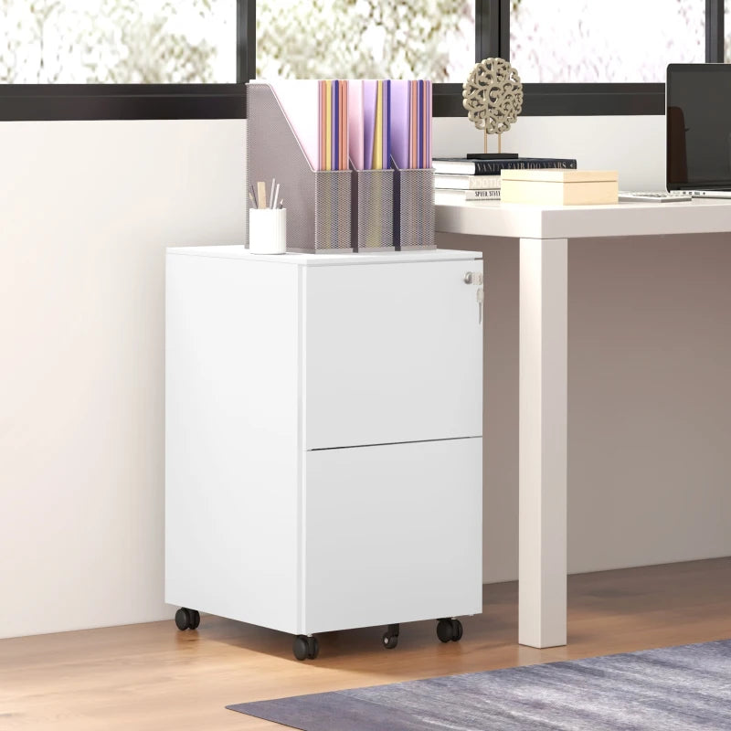 Vinsetto 2-Drawer Vertical Filing Cabinet with Lock & Wheels - Mobile Steel File Cabinet for A4, Legal, Letter Size - White