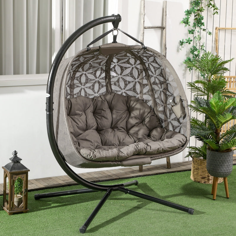 Sand Brown Double Hanging Swing Chair with Metal Stand and Padded Cushion