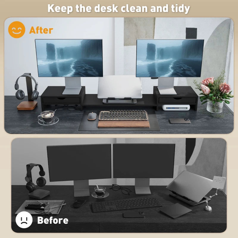 Dual Monitor Stand Riser with 2 Drawers - Adjustable Length & Angle, 116cm for Laptop, PC, Printer - Black
