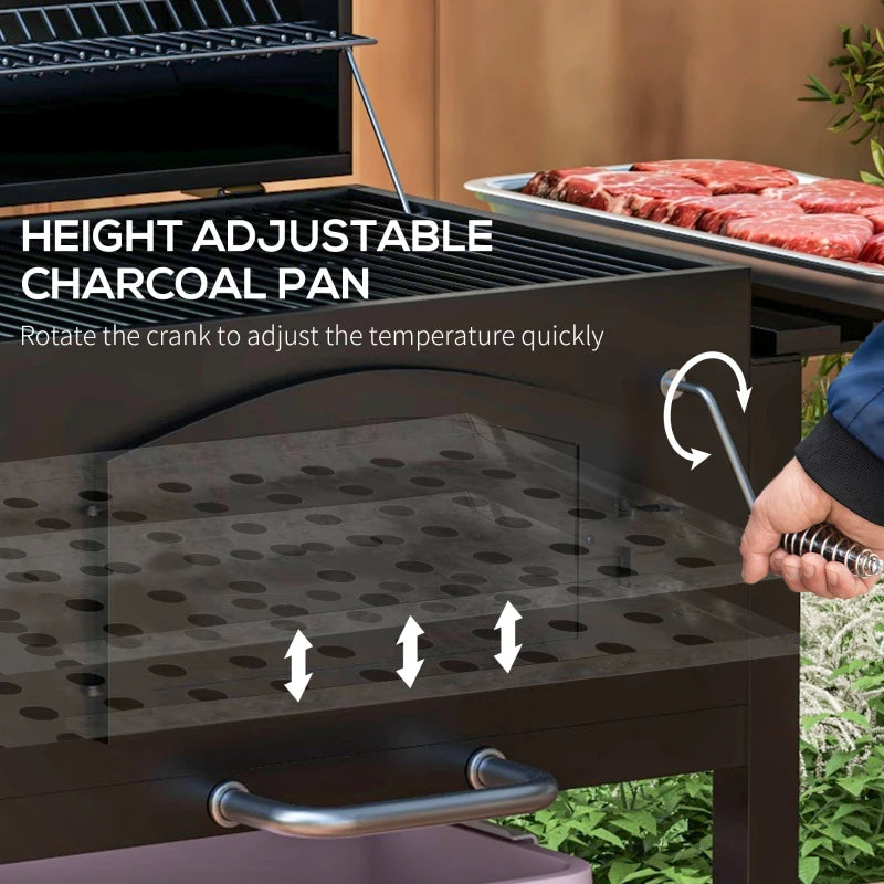 Charcoal BBQ Grill Smoker with Shelves, Thermometer, Opener & Wheels - Black