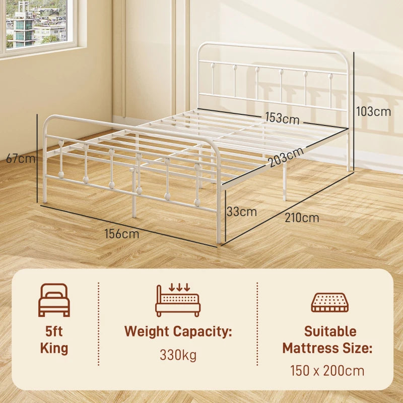 King Size Minimalistic White Metal Bed Frame - Modern Design, Sturdy Construction, Stylish Bedroom Furniture for Ultimate Comfort