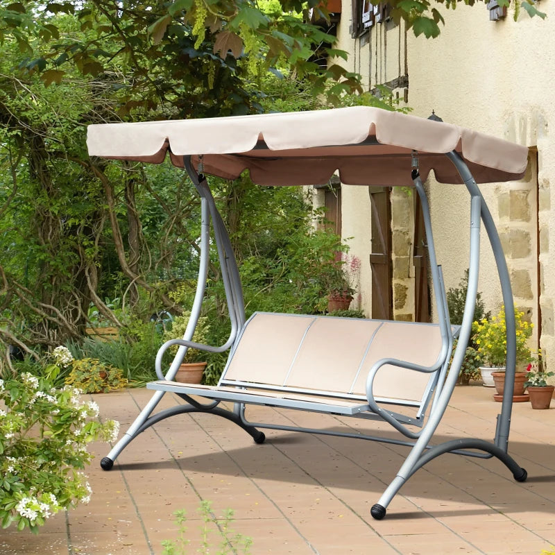 Beige 3 Seater Steel Garden Swing Chair with Adjustable Canopy