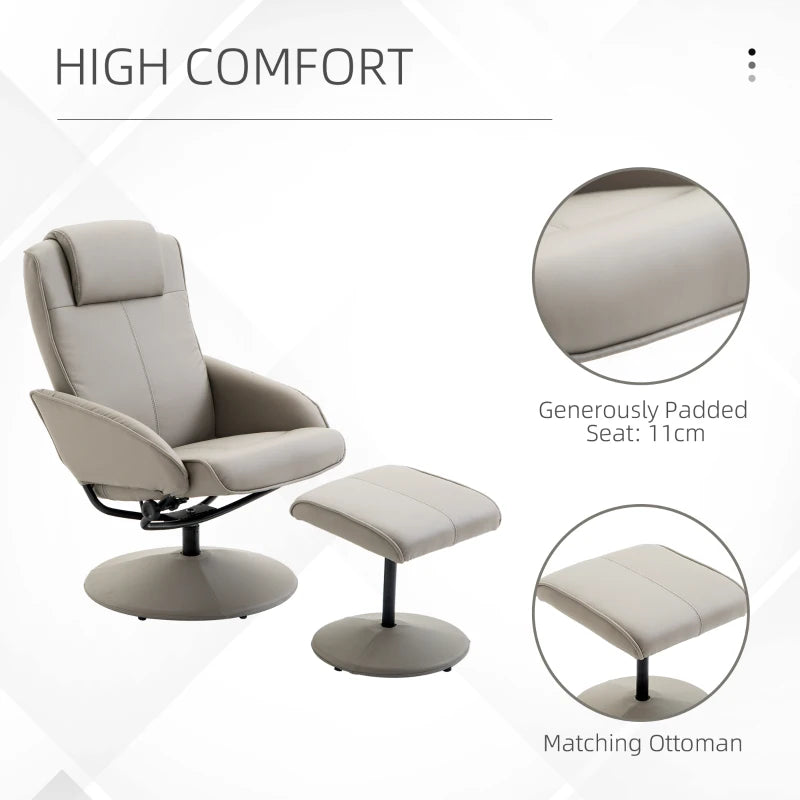 Swivel PU Leather Recliner Chair with Footstool and Adjustable Backrest for Living Room and Bedroom in Grey