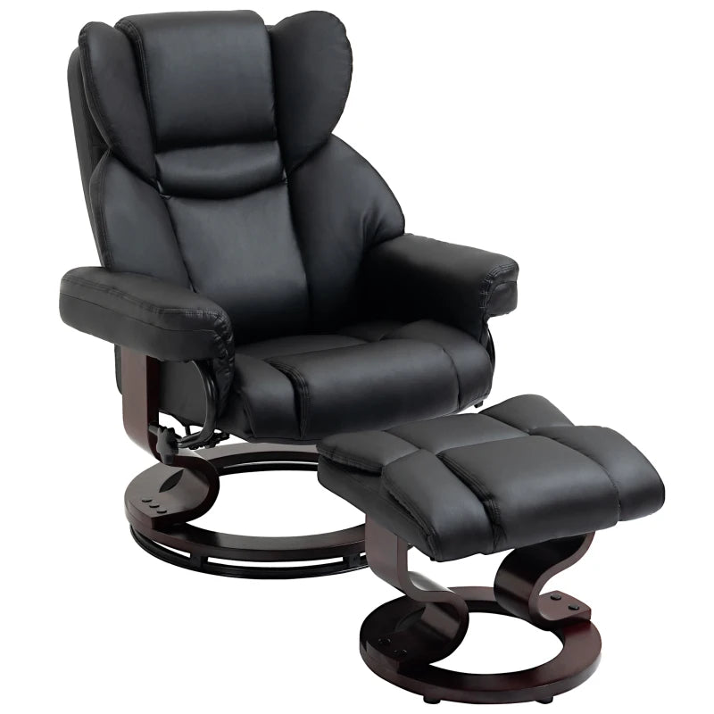 Faux Leather Recliner Chair with Footstool - Swivel Armchair with Adjustable Backrest and Solid Wood Base in Black