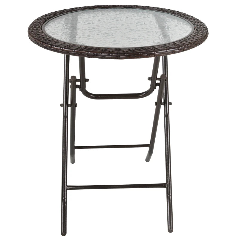 Brown Rattan Edged Round Glass Metal Folding Table