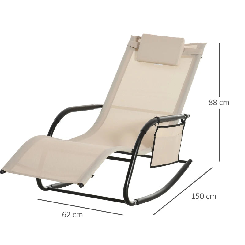 Outdoor Rocking Chair with Mesh Fabric, Headrest, Armrest, Storage Bag - Cream White