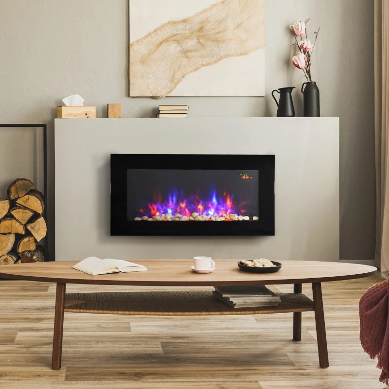 Curved Glass Electric Wall Mounted Fireplace for Living Room 1000W 2000W Black 48H x 90.8W x 11.5Dcm