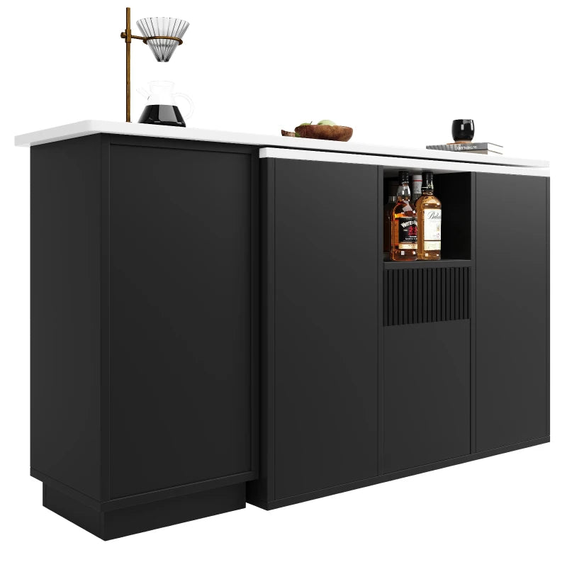 360° Swiveling Kitchen Island with Marble Top & Storage - Stylish Bar Table for Kitchen & Living Room, Black, 198.5L x 30W x 72.5H cm