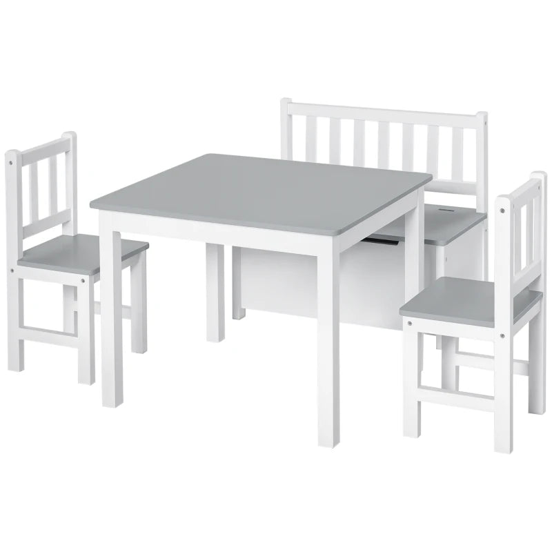 4-Piece Kids Table & Chair Set - 2 Wooden Chairs, Storage Bench, Modern Design, Grey/White - Perfect for Playrooms