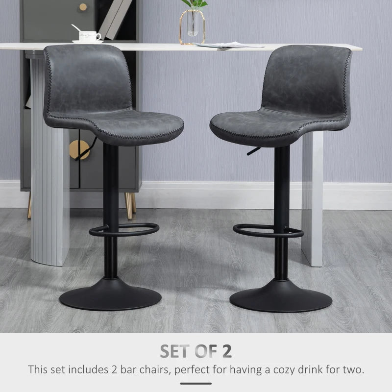 Set of 2 Dark Grey PU Leather Bar Stools with Backrest & Footrest for Kitchen, Counter & Breakfast Bar