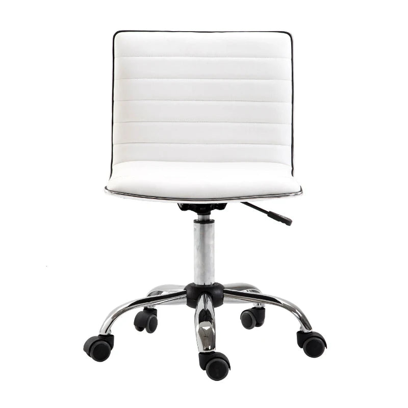 Adjustable Swivel Office Chair - Armless Mid-Back Design in White PU Leather with Chrome Base for Modern Workspaces