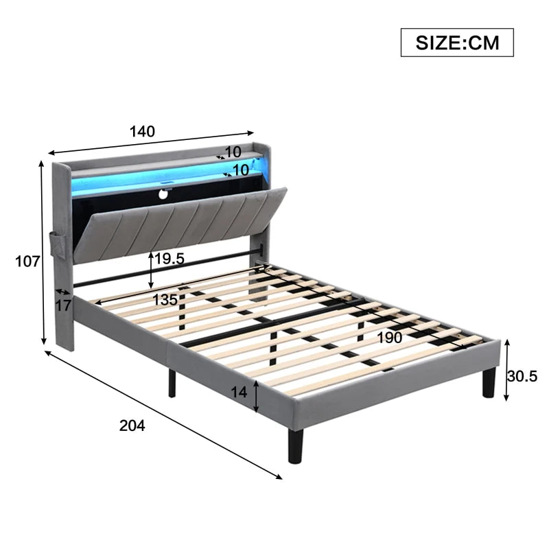 Velvet Upholstered Double Bed with Storage & LED Light Strip, 4 USB Ports, Grey - 204L x 140W x 107H cm