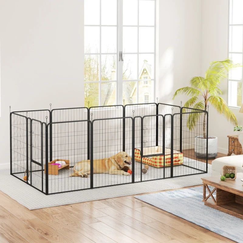 12 Panel Solid Dog Playpen with Doors for Large Dogs 100cm Tall Black