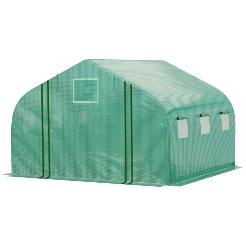 Green Walk-in Garden Greenhouse with Mesh Door, PE Cover, 6 Windows - 3.5 x 3 x 2m