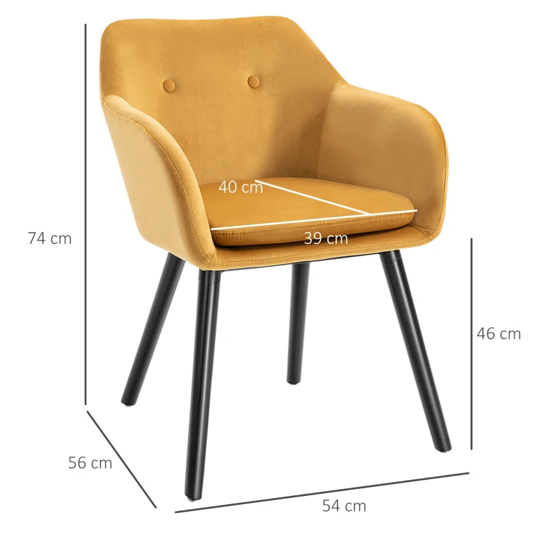 Modern Velvet-Touch Dining Chairs Set of 2 - Upholstered Leisure Chairs with Backrest & Armrests for Home Office & Kitchen - Yellow