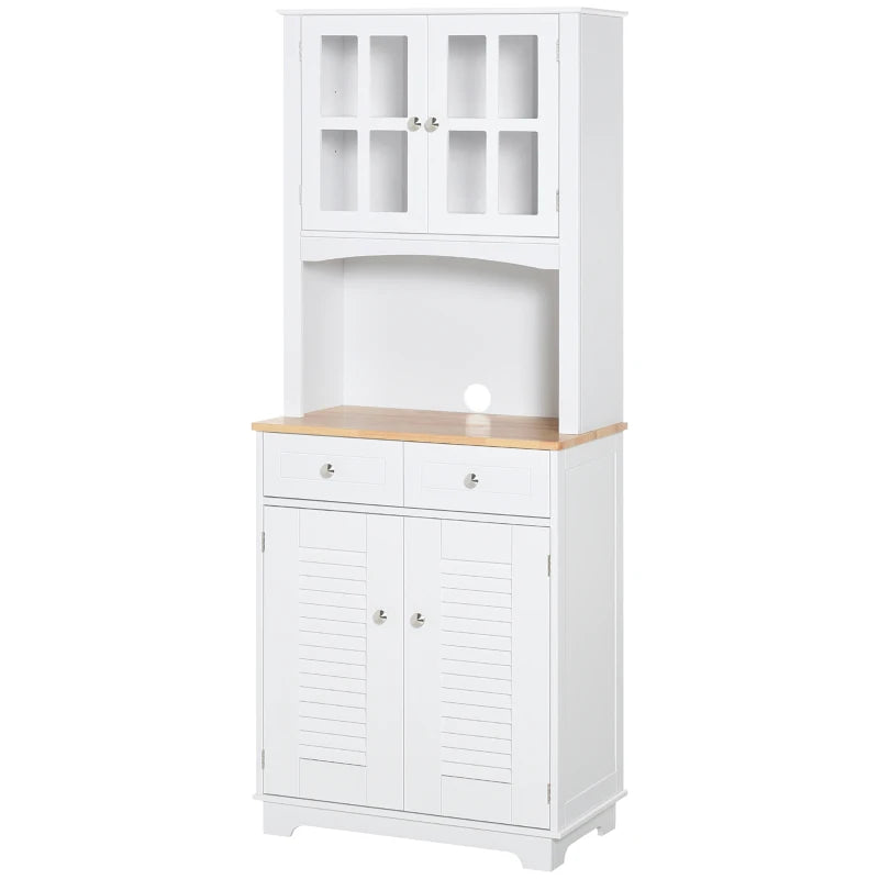 Modern Louvered Kitchen Cupboard - Stylish Storage Cabinet with Framed Glass Doors & 2 Drawers in White